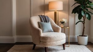 A chic reading corner with a cream boucle curved armchair, round side table, and soft ambient lighting.