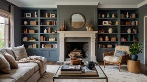 A living room with floor-to-ceiling built-in shelves surrounding a fireplace, painted to match the wall colour. Styled with books, baskets, and ceramics.
