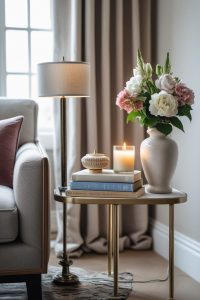 A stylish side table beside a sofa, decorated with a stack of books, a small ceramic lamp, a scented candle, and a vase with fresh flowers.