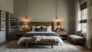 A bedroom with a vintage wooden bench at the foot of a modern upholstered bed.