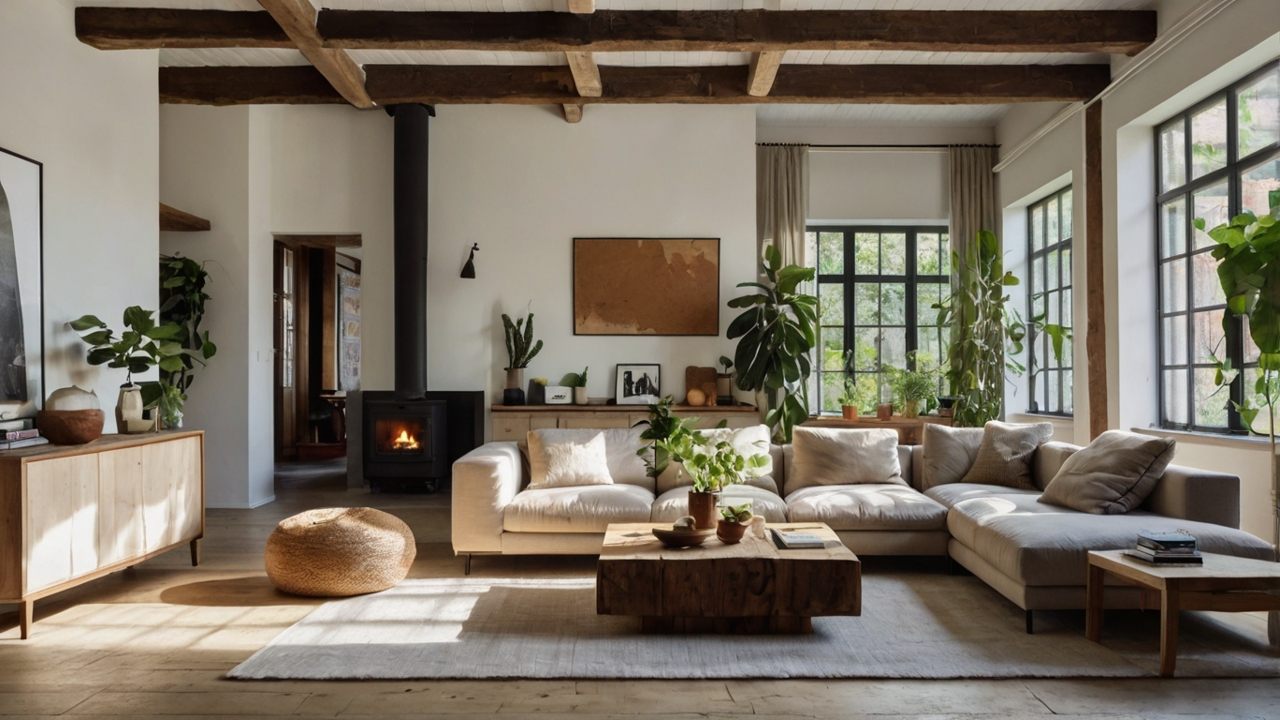 A bright open-plan living room with exposed wooden ceiling beams, a modern L-shaped sofa, a raw-edge wood coffee table, and minimalist black-framed windows.