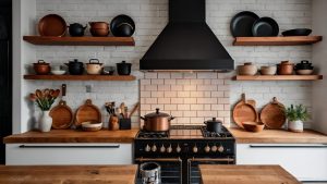  A minimalist dining room with a reclaimed wood table, modern black spindle chairs, and large industrial pendant lighting. 
