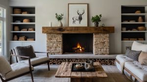 A modern rustic living room with a sleek black fireplace insert, chunky reclaimed wood mantle, and soft linen armchairs.
