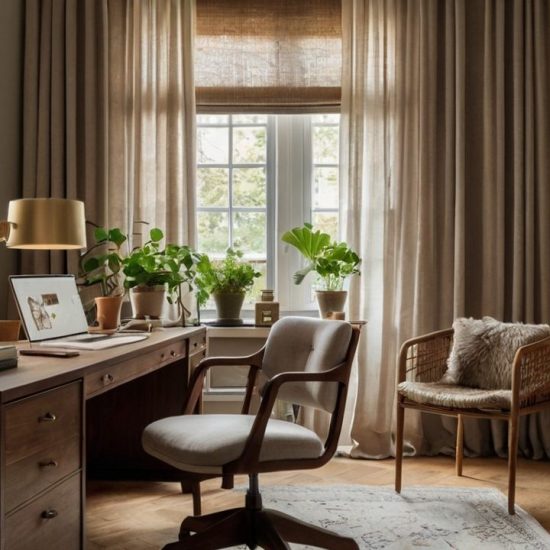 A stylish home office with a large wooden desk, velvet ergonomic chair, soft linen curtains, neutral-toned walls, and a pinboard gallery.