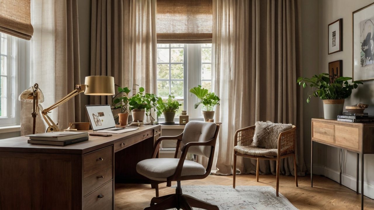 A stylish home office with a large wooden desk, velvet ergonomic chair, soft linen curtains, neutral-toned walls, and a pinboard gallery.
