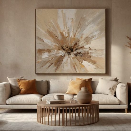 A bright open-plan living room with exposed wooden ceiling beams, a modern L-shaped sofa, a raw-edge wood coffee table, and minimalist black-framed windows.