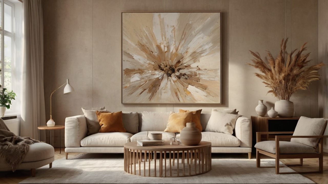 A bright open-plan living room with exposed wooden ceiling beams, a modern L-shaped sofa, a raw-edge wood coffee table, and minimalist black-framed windows.
