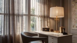 Home office corner by a large window, sheer curtains filtering natural light, soft white table lamp on a wooden desk, and a glowing wall sconce.

